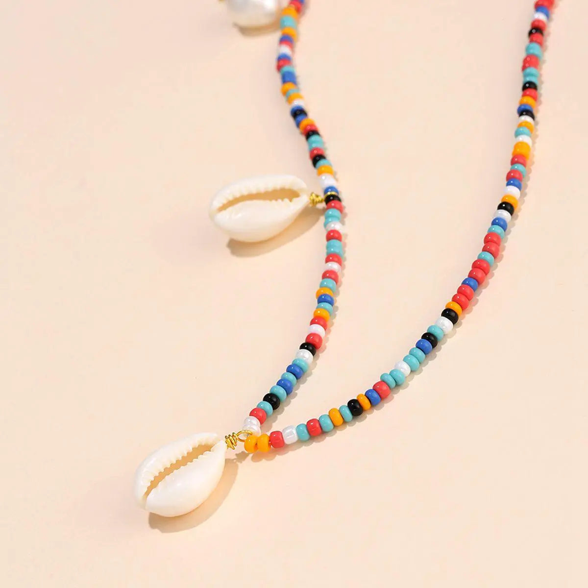 Colorful Beaded Shell Necklace with Handmade Braided Pearl Rice Beads - Gold