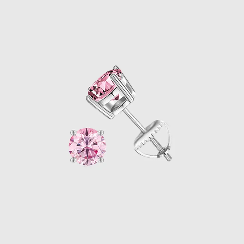 PINK VVS ROUND 1CT EARRINGS   - White Gold Vermeil